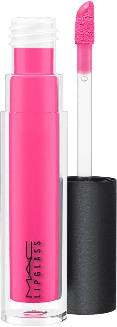 Rør med rosa leppglans, svart hette og applikator med rosa gloss.