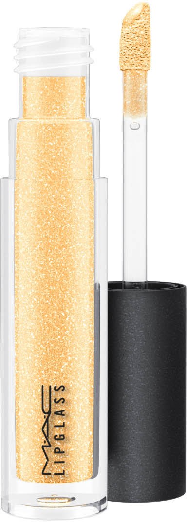 En klar tube med gul glitterlakk inni og svart lokk med applikatorspiss. MAC IMPACT LIP GLOSS-merket.