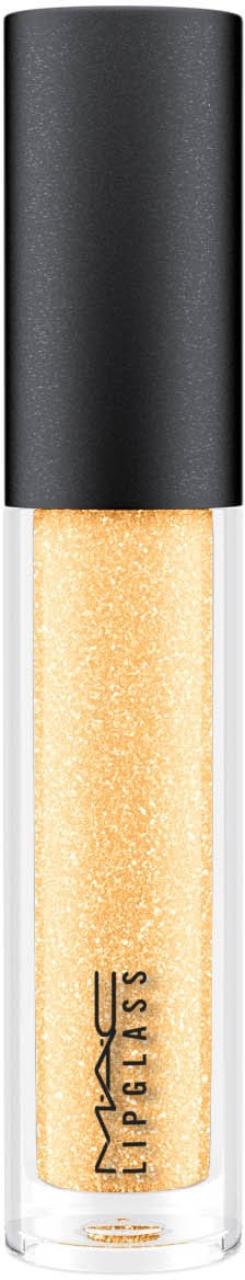 En tydelig tube med gullglitter og svarthette, merket MAC Glass.