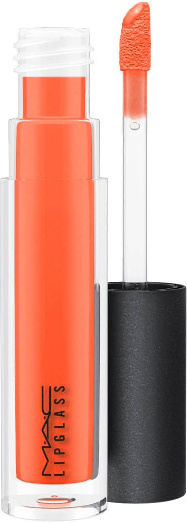 Oransje leppepomade med klar kork og påføringspinne. MAC IMPULS-merket er synlig på røret.