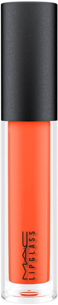 En klar tube med lysende oransje leppestift og svart lokk, merket MAC.