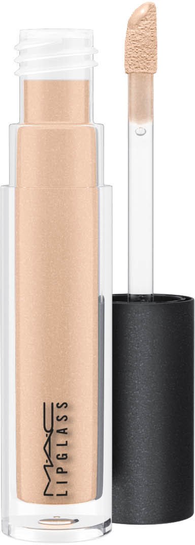En beige MAC Impulse leppeglans med børstepensel og klar tube, står oppreist med svart deksel.