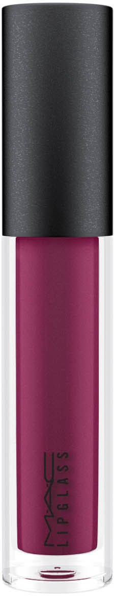A pink liquid lipstick in a clear tube with a black cap and the MAC logo.