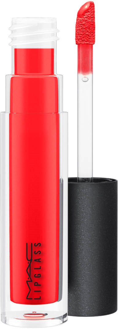 En rød leppestift med klar tube og svart lokk. Merket er MAC, og applikatoren er synlig.