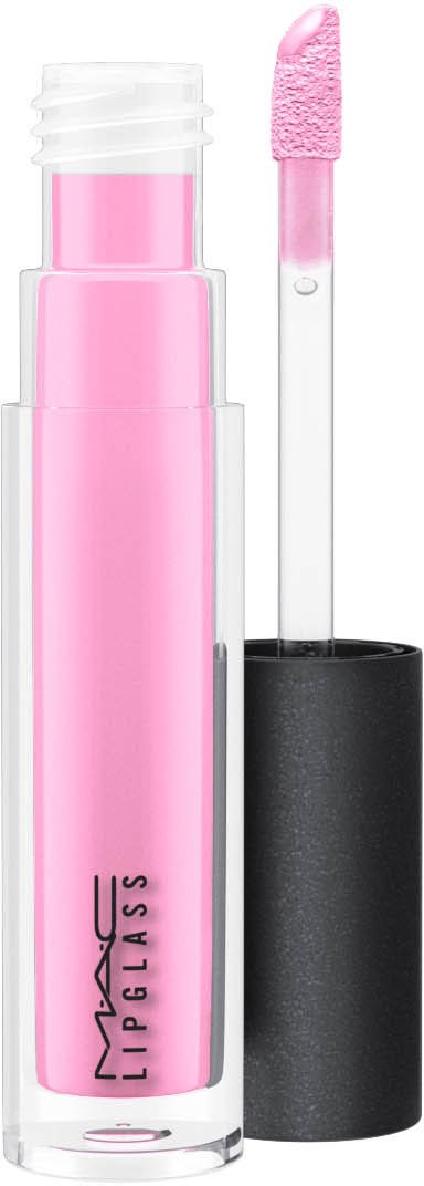 En rosa flytende leppestift med gjennomsiktig hette og svart bunn, merket 'MAC IMPRESS LIPS', og en rosa applikator.