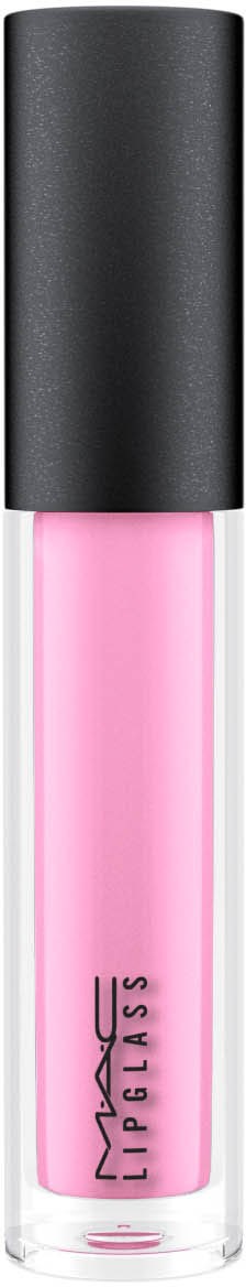 En MAC leppestift i et gjennomsiktig rør med svart lokk, som viser rosa leppestift inni.