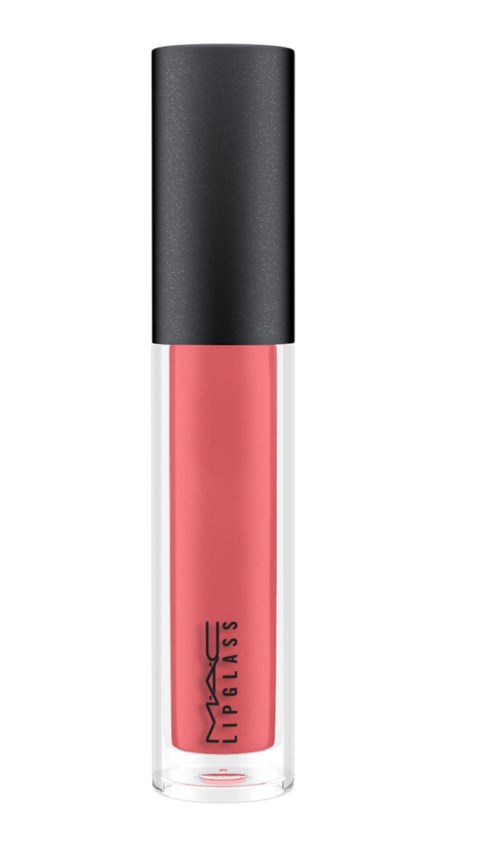 Et rør med rosa leppeglans med svart lokk, merket MAC i svart. Det ser elegant og nytt.