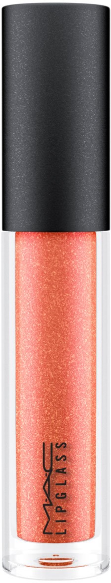 En leppepomade-alk kapsel med rosa gloss inni, svart hette, gjennomsiktig kropp som viser produktet, og MAC-logoen på siden.