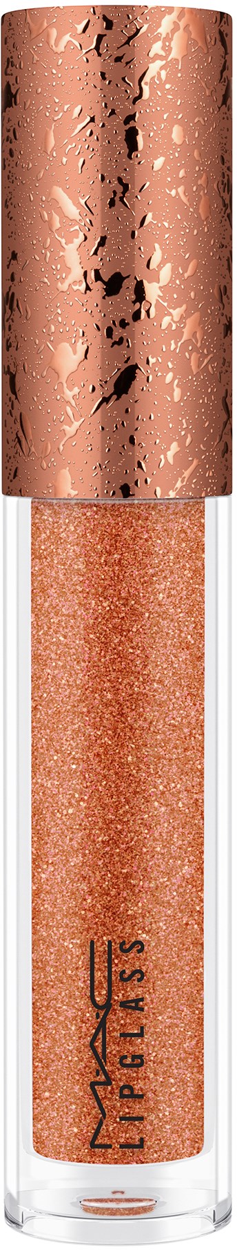 En tub med persikofärgad glittrande MAC läppstift med en roséguldsmetallkopp.