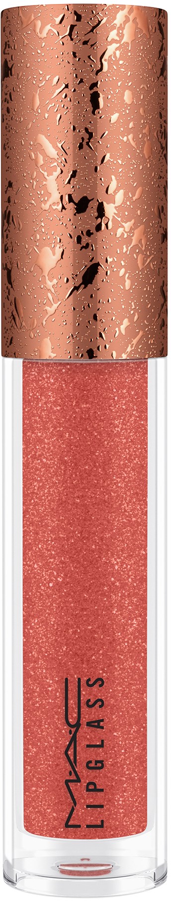 En tub med rosa-färgad läppglans med en glänsande, mönstrad guldkapsel från MAC. Läppglanset är glitteraktigt och skimrande.