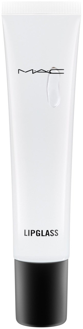 Een witte tube met een zwarte dop met MAC Lipglass. Het is een cosmetisch product voor lippen.