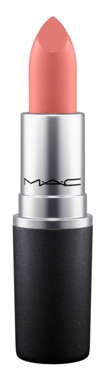 Ein Lippenstift in einer silbernen und schwarzen Hülle mit hellrosa Farbe. MAC ist auf der Hülle sichtbar.