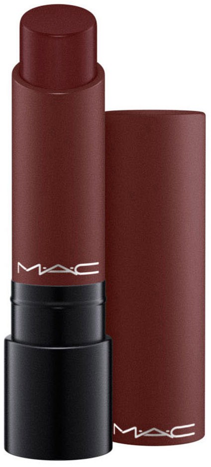En MAC-läppstift i mörkrött färg med en svart bas och ett matchande skyddslock.