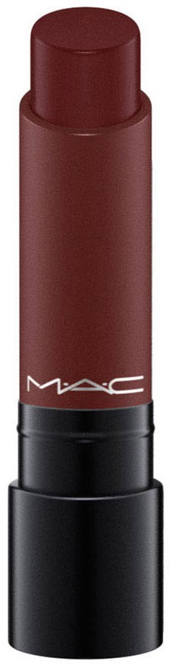 Ett rött MAC-läppstift med svart bas och vitt logotyp.