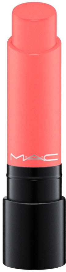 En rosa läppstift med en svart bas, märkt MAC, står upprätt.
