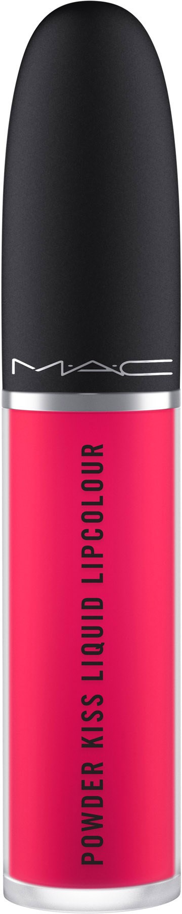 Błyszczyk do ust w różowym opakowaniu z czarną nakrętką, oznaczony MAC Power Kiss Liquid Lipcolour.
