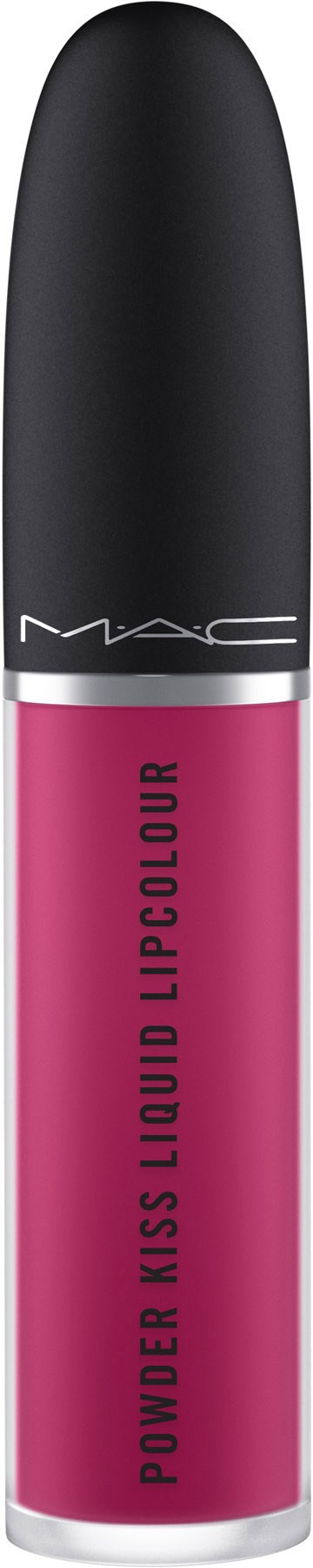 Różowe płynne szminka z czarną nakrętką i srebrną wstążką, oznaczona 'Power Kiss Liquid Lipcolour' od MAC.