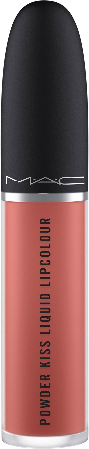 Tuba MAC Power Kiss Liquid Lipcolour z czarną zakrętką i różowym odcieniem. Wygląda elegancko i nowocześnie.