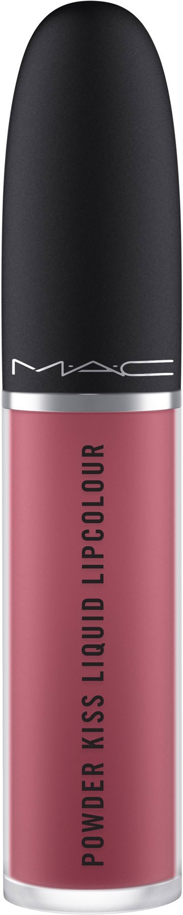 Etykieta MAC Power Kiss Lipcolour w różowym kolorze z czarną nakrętką. Nazwa marki i produktu są napisane na tubie.