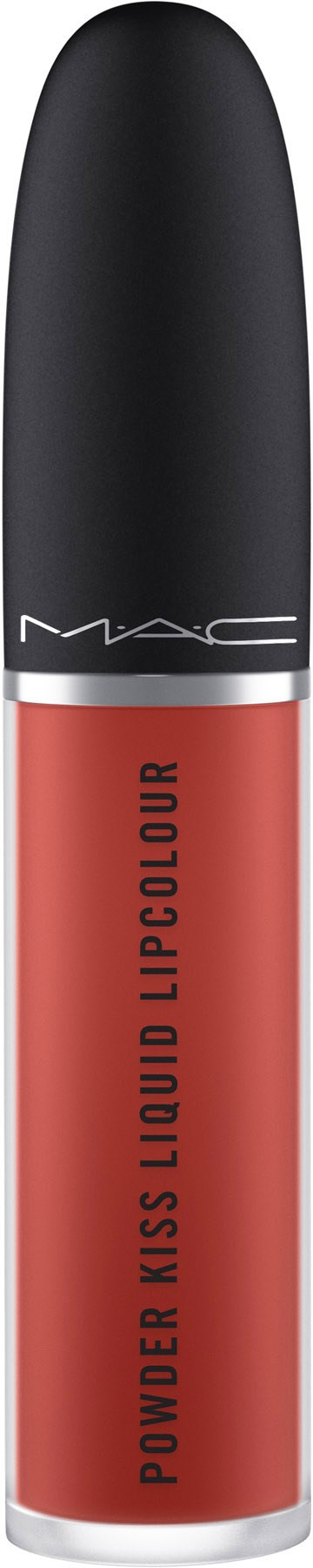 En MAC-läppstift i svart hölje med röd läppfärg synlig, märkt 'Power Kiss Liquid Lipcolour' på tuben.