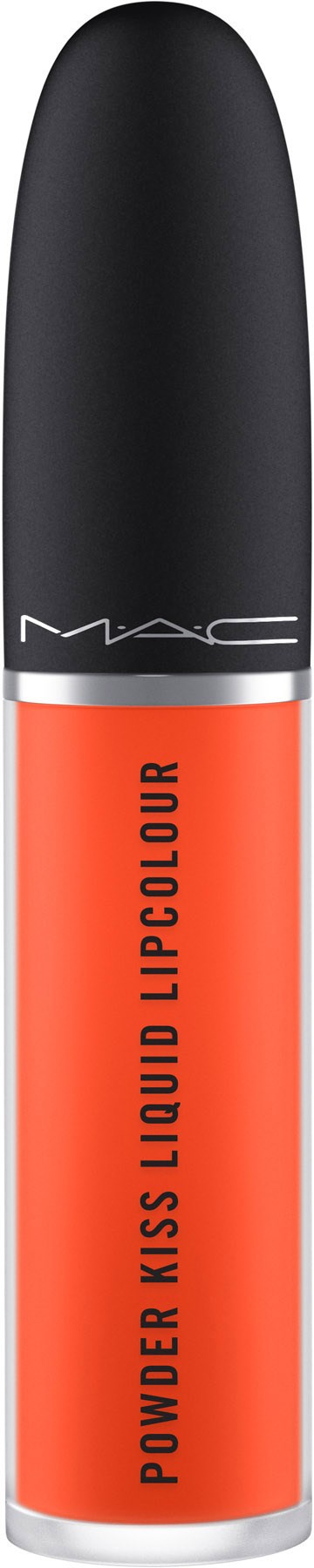 Rurka MAC Powder Kiss Liquid Lipcolour, głównie pomarańczowa z czarną zakrętką, logo na zakrętkę i nazwa produktu na rurce.