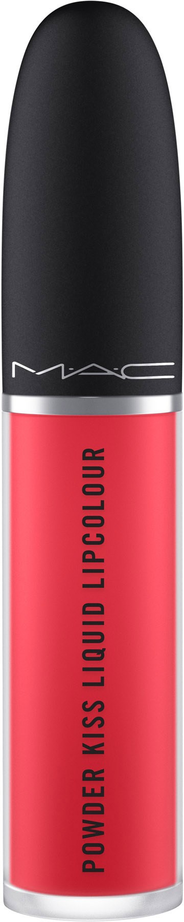 Różowy błyszczyk do ust MAC z czarnym korkiem, opisany jako "Power Kiss Liquid Lipcolour".