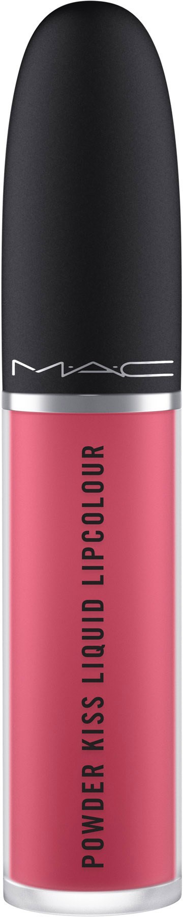 Szminka MAC Power Kiss Liquid Lipcolour, różowy odcień, z czarną nakrętką, stoi pionowo.