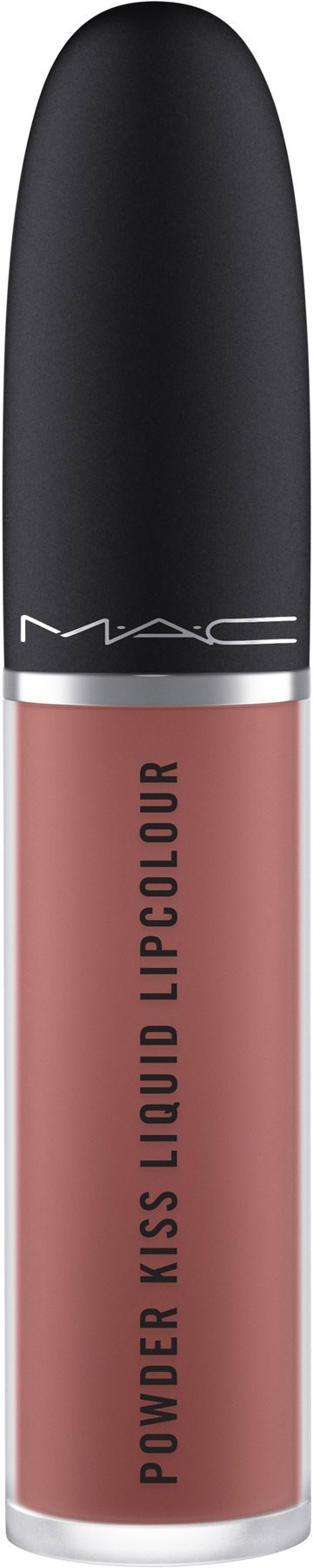 Błyszczyk do ust w tubce z czarną nakrętką, różowy kolor, MAC logo. Tekst mówi Power Kiss Liquid Lipcolour.