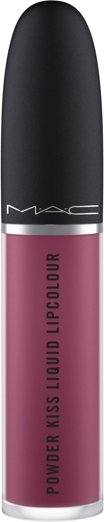 Szafa do szminki w stonowanym kolorze mauve z czarnym korkiem, oznakowana 'MAC' i 'POWER KISS LIPCOLOUR'.