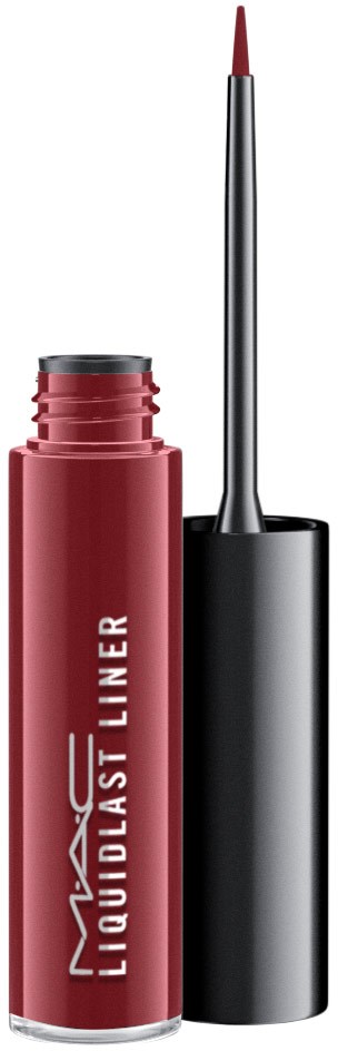 Röd flytande läppglans med lång applikator och svart lock, märkt MAC LIQUIDLAST LINER.
