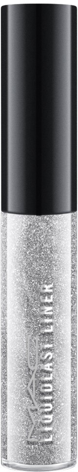 En klar läppglansflaska med silverglitter och svart lock.