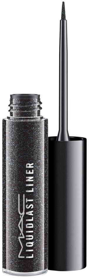 En svart flytande eyeliner med locket av, visar penselpinnen.