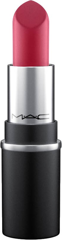 En rosa läppstift med ett silver- och svart fodral, märket MAC, står upprätt.