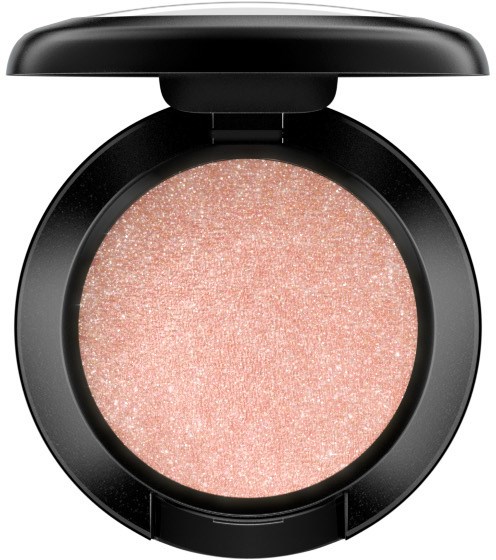 En rund åpen sminke-kompakt med rosa glitter blush inni og svart lokk.