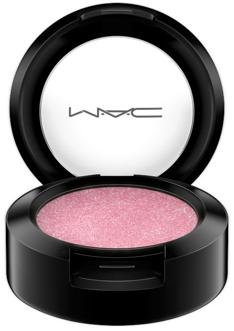En rosa glitter øyeskygge i en svart rund beholder med åpen lokk. MAC-logoen er inni lokket.
