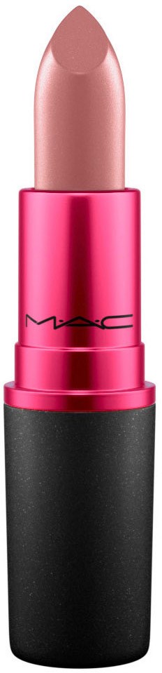 Rosa läppstift i svart och rosa förpackning med MAC-logga. Läppstiftet är beige och lätt glansigt.