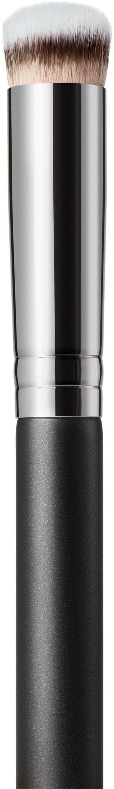 A makeup brush with a silver and black handle and soft, fluffy bristles against a black background.