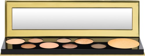 En makeup-palett med flera nyans av puder och en spegel i locket.