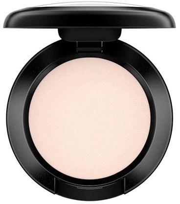 A compact powder case with a lid open, showing a light-colored pressed powder inside.