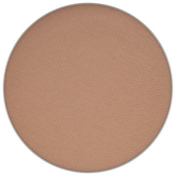 En rund, beige färgad makeup-kompakt med puder inuti.