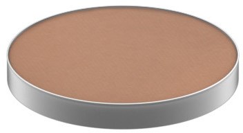 En rund silverbehållare som är fylld med ljusbrunt pulver, troligen makeup eller ansiktspuder.