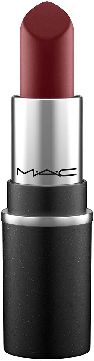 Ein Lippenstift in einer silbernen und schwarzen Hülse mit braunroter Farbe. MAC steht auf ihm.