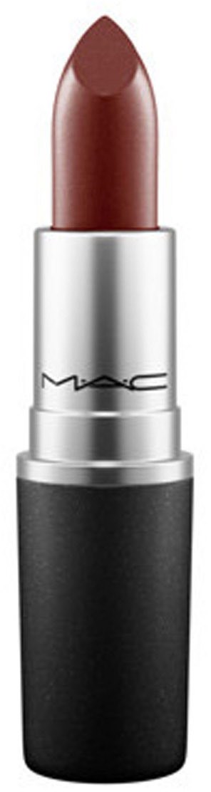 Ein MAC-Lippenstift in silberner Hülle mit brauner Farbe sichtbar. Schlichtes und elegantes Design.