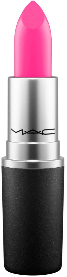 A pink lipstick in a silver and black tube, standing upright against a dark background.
