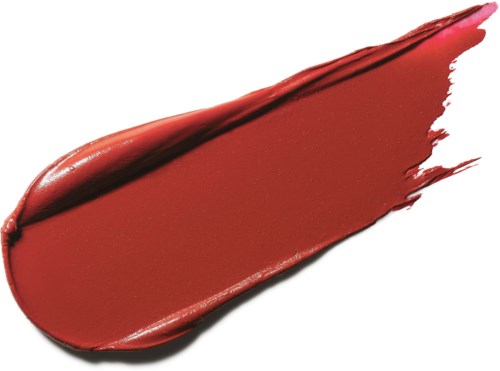Ein Klecks roten Lippenstift mit dunkler Linie, glatte und glänzende Textur, auf weißem Hintergrund.