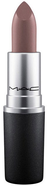 Ein Nude-Lippenstift mit silberner und schwarzer Hülse, Marke 'MAC' sichtbar auf der Silberseite.
