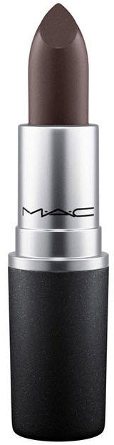 Ein Lippenstift mit dunkelbrauner Farbe, silberner und schwarzer Hülle, und MAC-Logo.