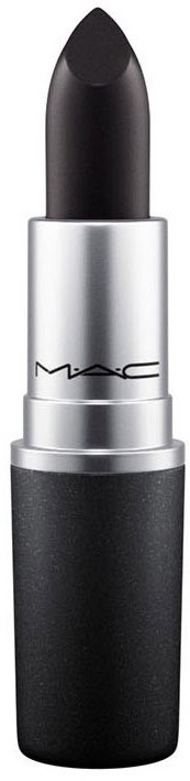 Ein schwarzer Lippenstift in einem silbernen und schwarzen Tubus mit MAC-Logo. Es steht aufrecht und ist neu.
