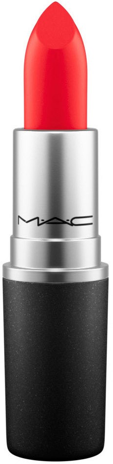 Ein MAC Lippenstift in leuchtendem Rot mit schwarzem Grund und silberner Mittelpartie.