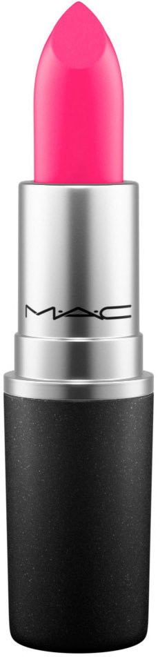 A pink lipstick in a silver and black tube. It looks new and shiny.